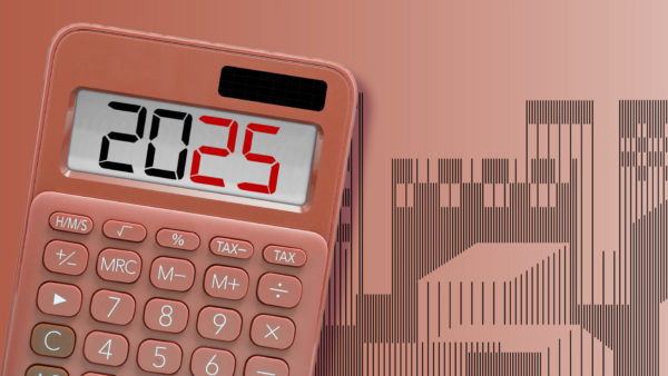 A pink calculator showing the number 2025. There are building silhouettes in the background - construction needs to be proactive to manage cost challenges in 2025