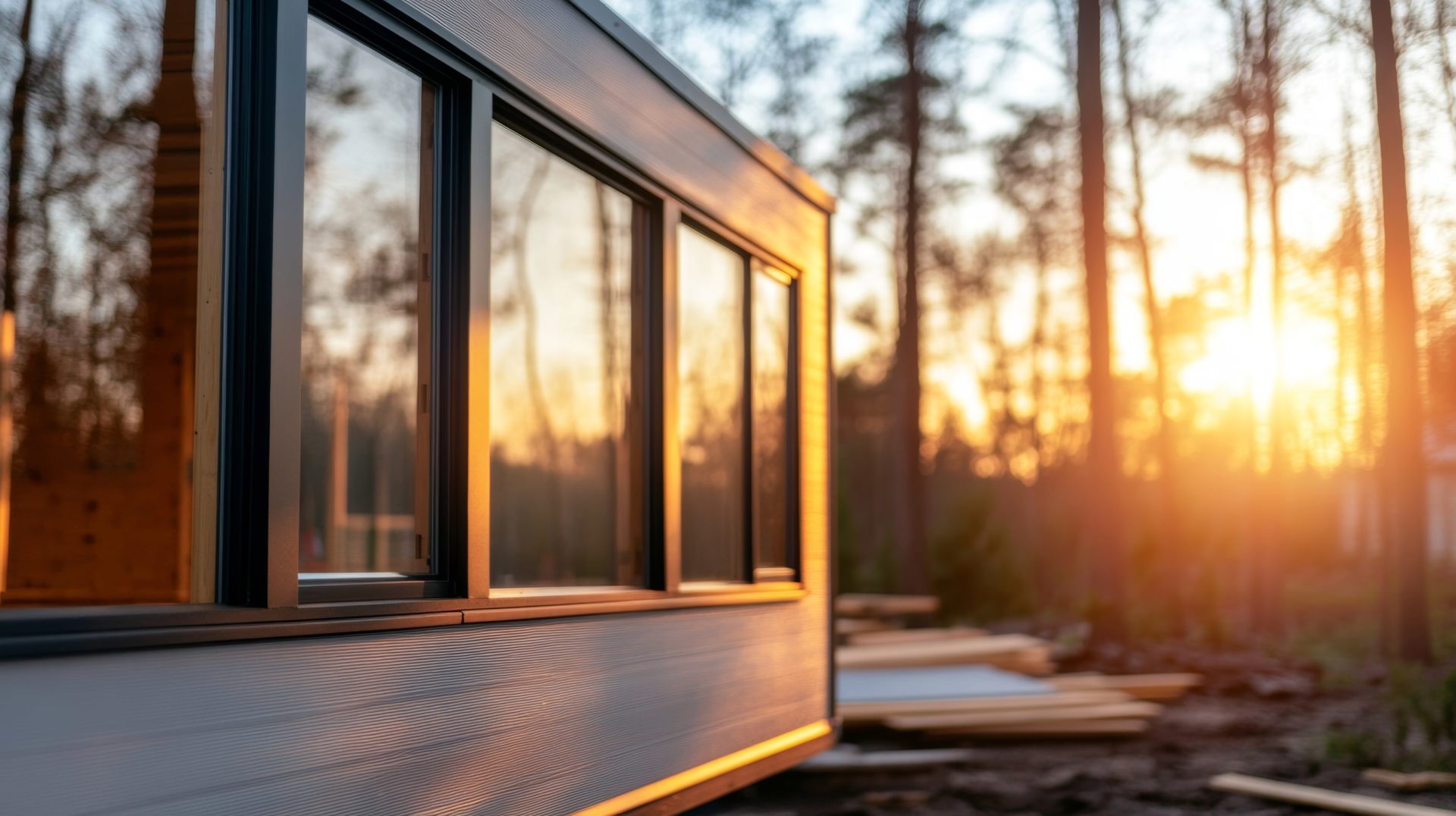 MMC research - Modular sections being fitted together during construction of a prefab tiny house in a forest setting, with the warm glow of sunset in the background AI generated - new research with contributions from CIOB members is challenging negative perceptions around MMC