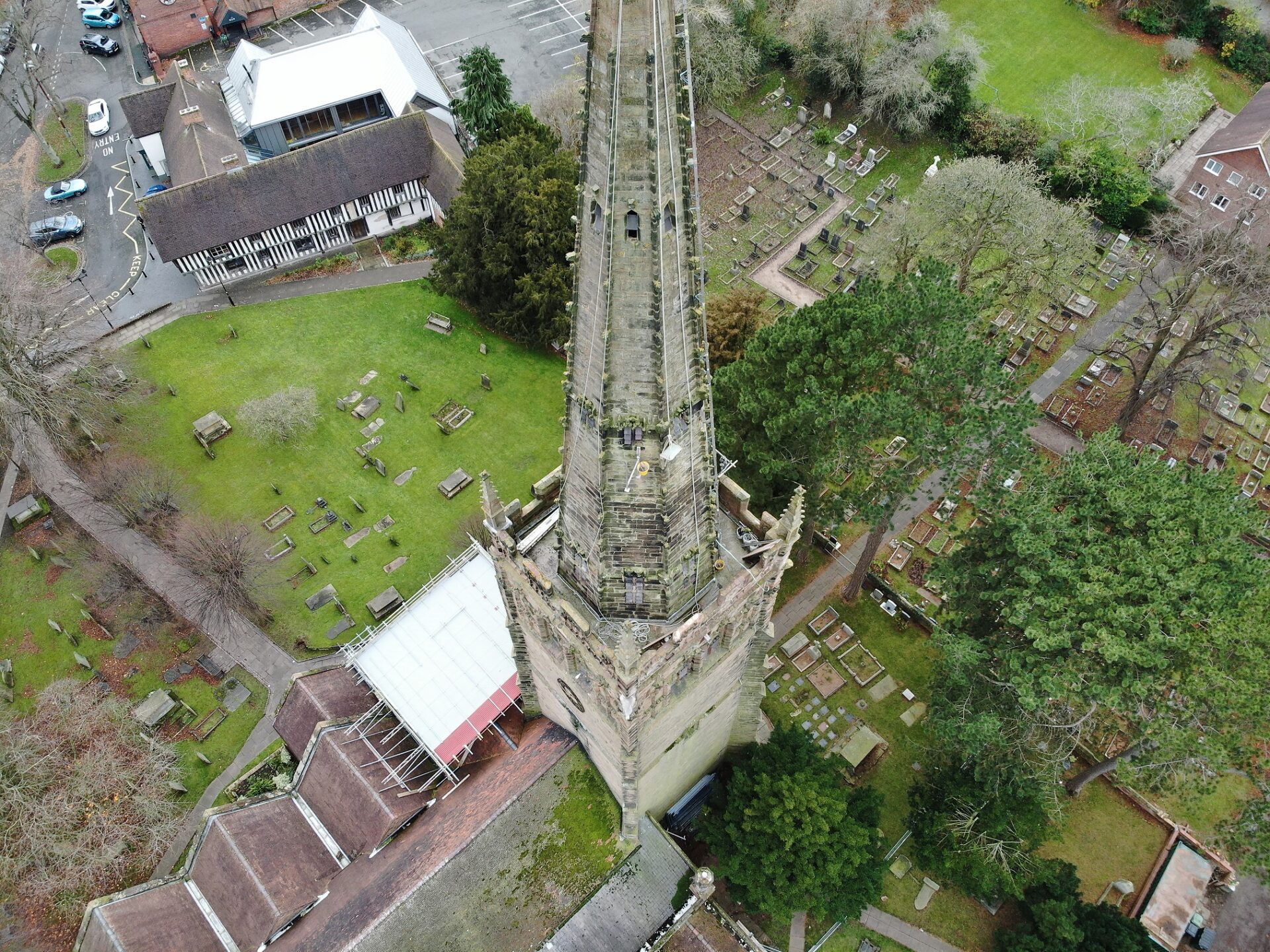 The church steeple from which David Clover fell from and died - the contractor has been fined £60,000 after pleading guilty to contravening Regulation 4(1) of the Work at Height Regulations 2005