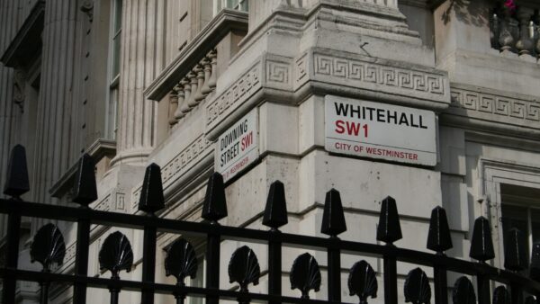 Downing street, Whitehall corner, London - Government building maintenance backlog is at least £49 billion, NAO says