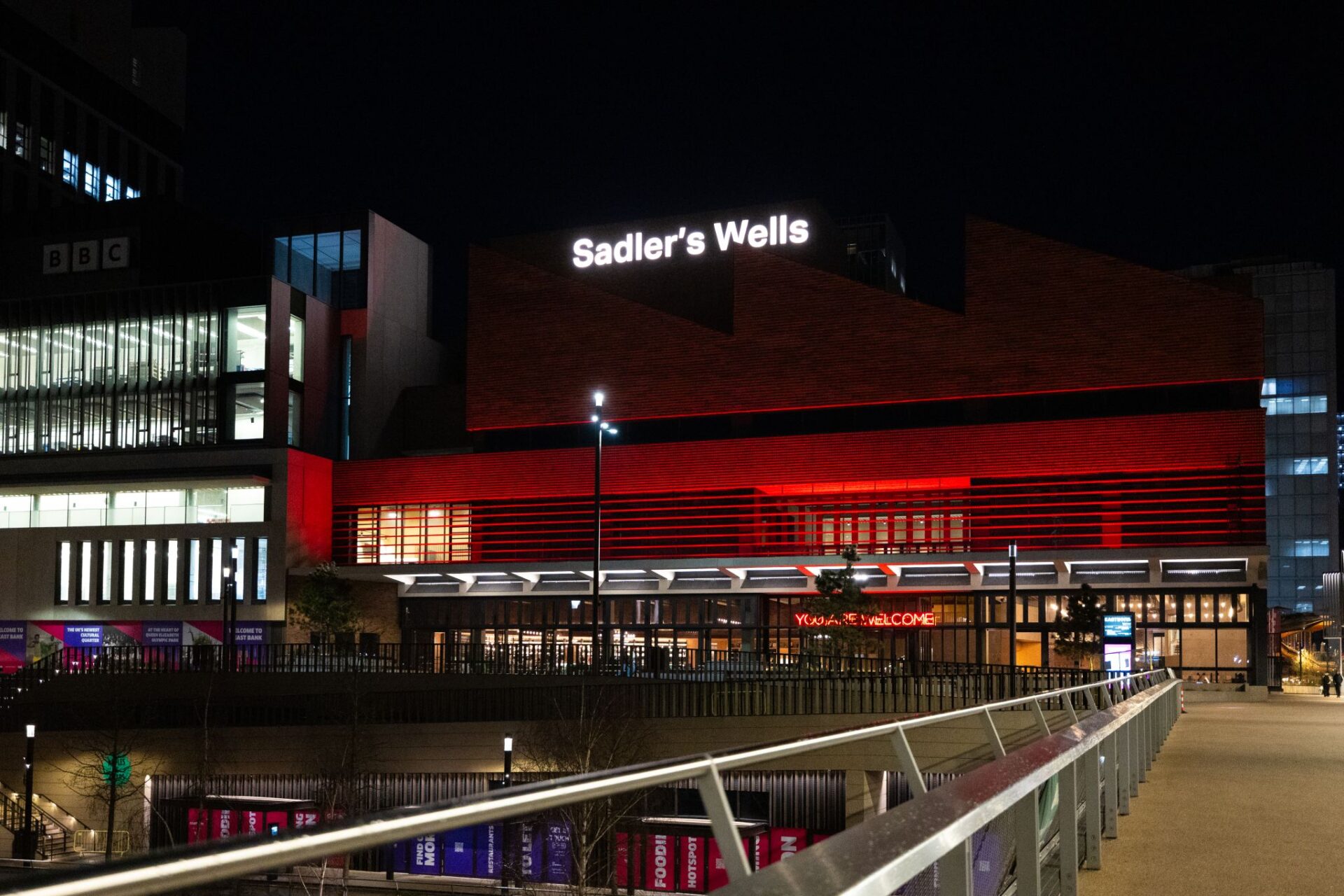 Mace turns ‘red’ for children in care and young care leavers - Sadler's Wells lit up red at night