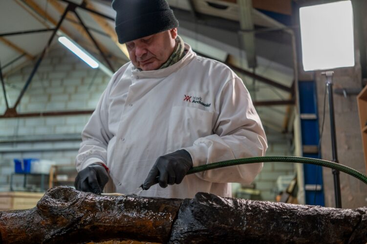 A timber specialist undergoes conservation of one of the Civil War stakes - Civil War stakes found in Sheffield during an excavation overseen by Keltbray Infrastructure (now called Aureos)