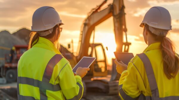 Two female construction workers wearing hardhats standing in front of a construction site. AI generated - tips to help the construction industry retain women