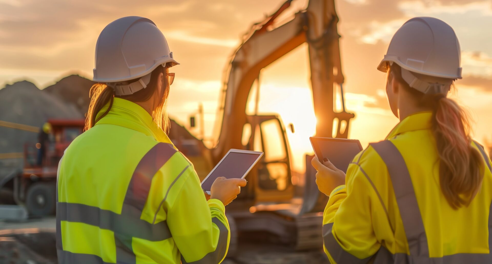 Two female construction workers wearing hardhats standing in front of a construction site. AI generated - tips to help the construction industry retain women