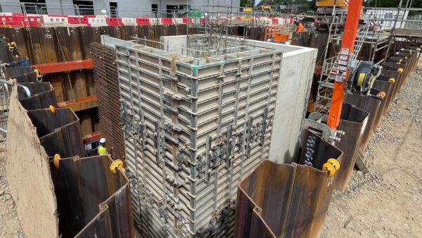 View of the temporary works specialist that Altrad RMD Kwikform recently provided to K Rouse Civil Engineering. It is a bespoke integrated ground shoring and formwork solution to support a challenging excavation for the construction of the new Fujifilm Borealis biotech manufacturing facility in Billingham.