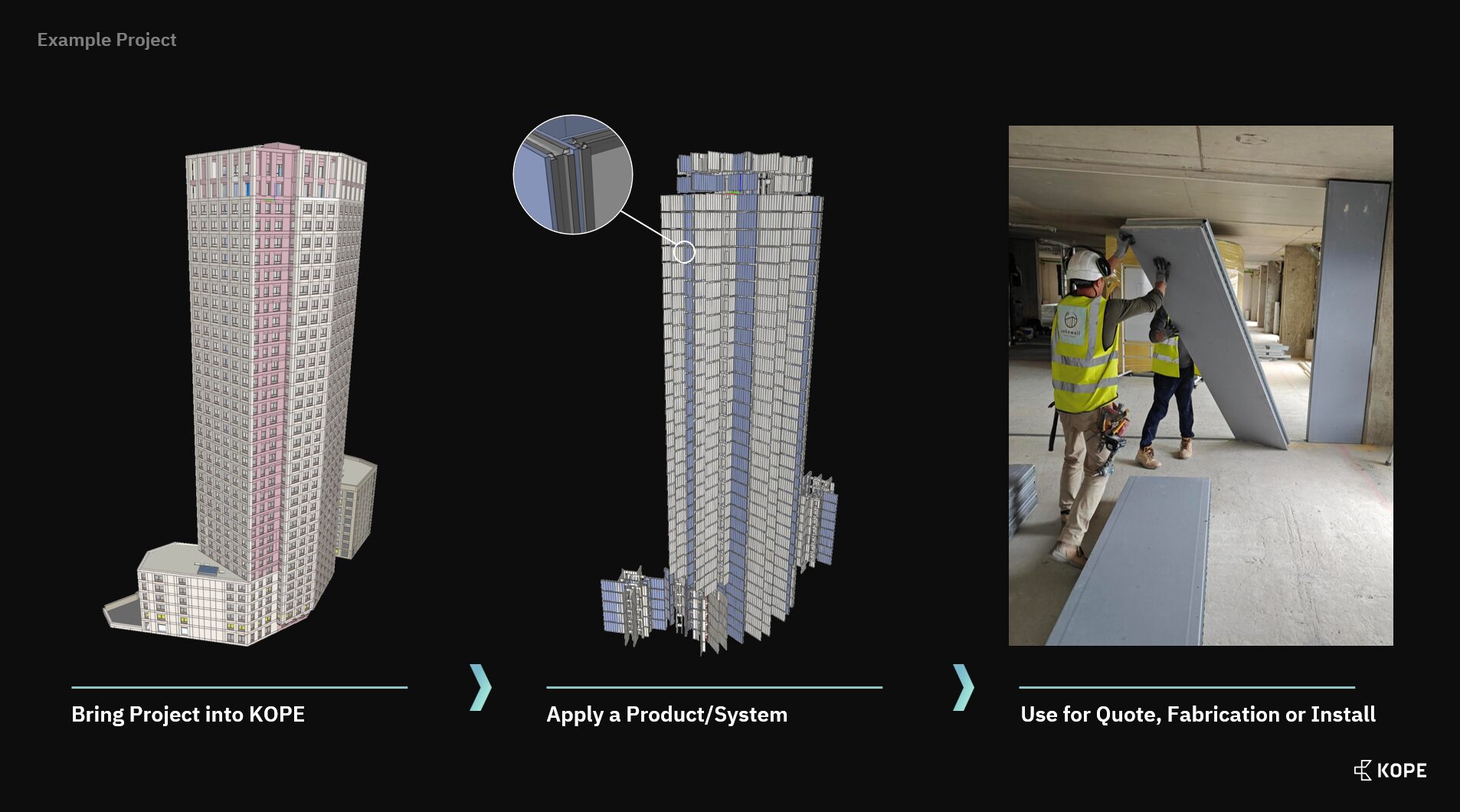 Product Innovation of the Year - Computer-generated images of two residential project blocks next to a photograph of construction workers assembling a pre-fabricated wall - Kope and Saint-Gobain's InteWall