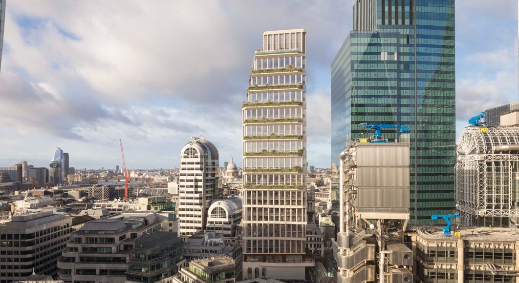 Computer-generated image of a new tower made of glass and with green balconies - Mace has been appointed to build 85 Gracechurch Street