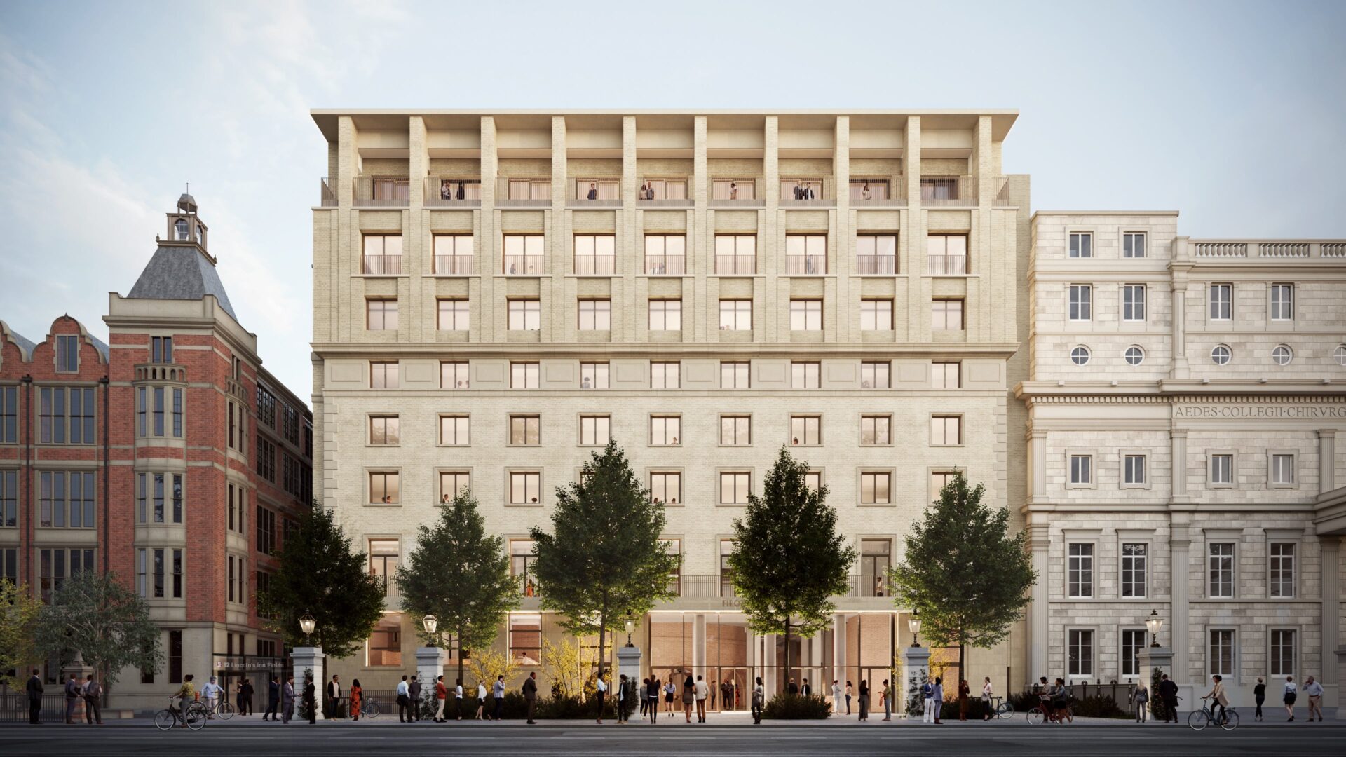 A computer-generated image of the new LSE building - it has eight floors and has a light facade. The building’s external appearance will be refreshed with a lime-based, off-white wash brush applied to the brick, maintaining the textured finish of the masonry, whilst masking imperfections.