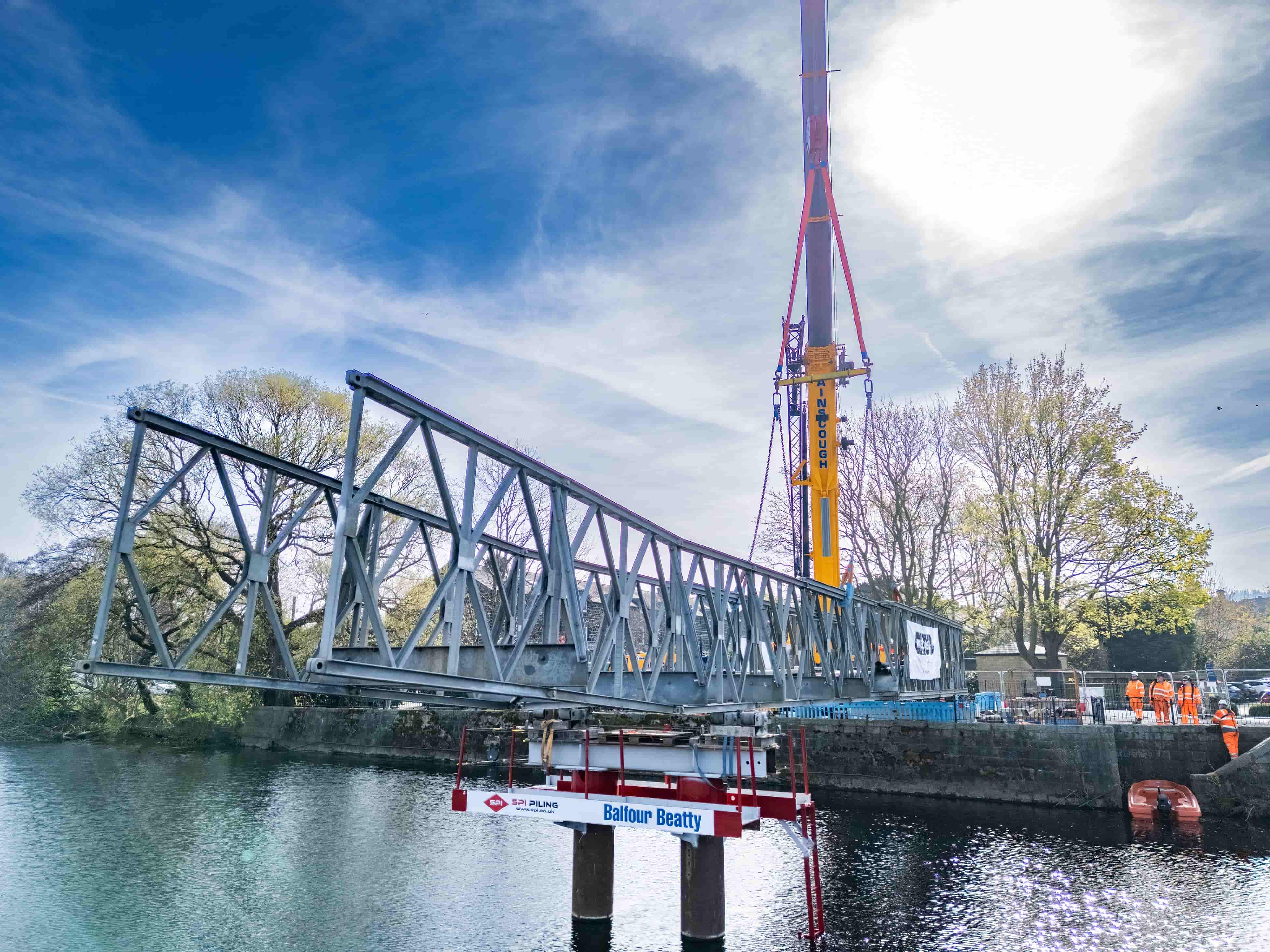 Balfour Beatty Otley Bridge - A temporary bridge structure being lifted by a crane - Mabey Hire designed a temporary bridge for Balfour Beatty during refurb works of Otley Bridge.