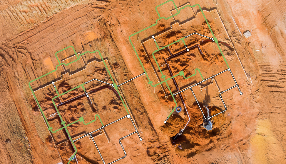 Drone image of a brownfield site showing progress of undergound utilities installation