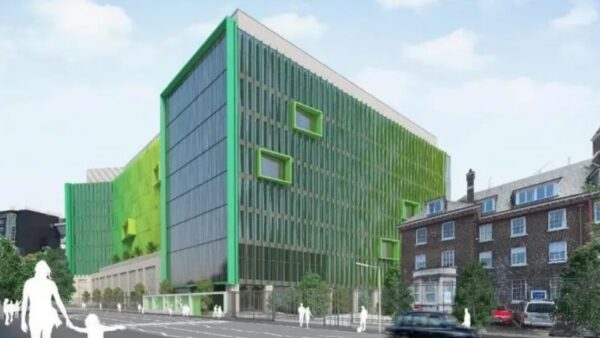 A computer-generated image of a new hospital, it's rectangular and made of glass - Royal Victoria Hospital in Belfast