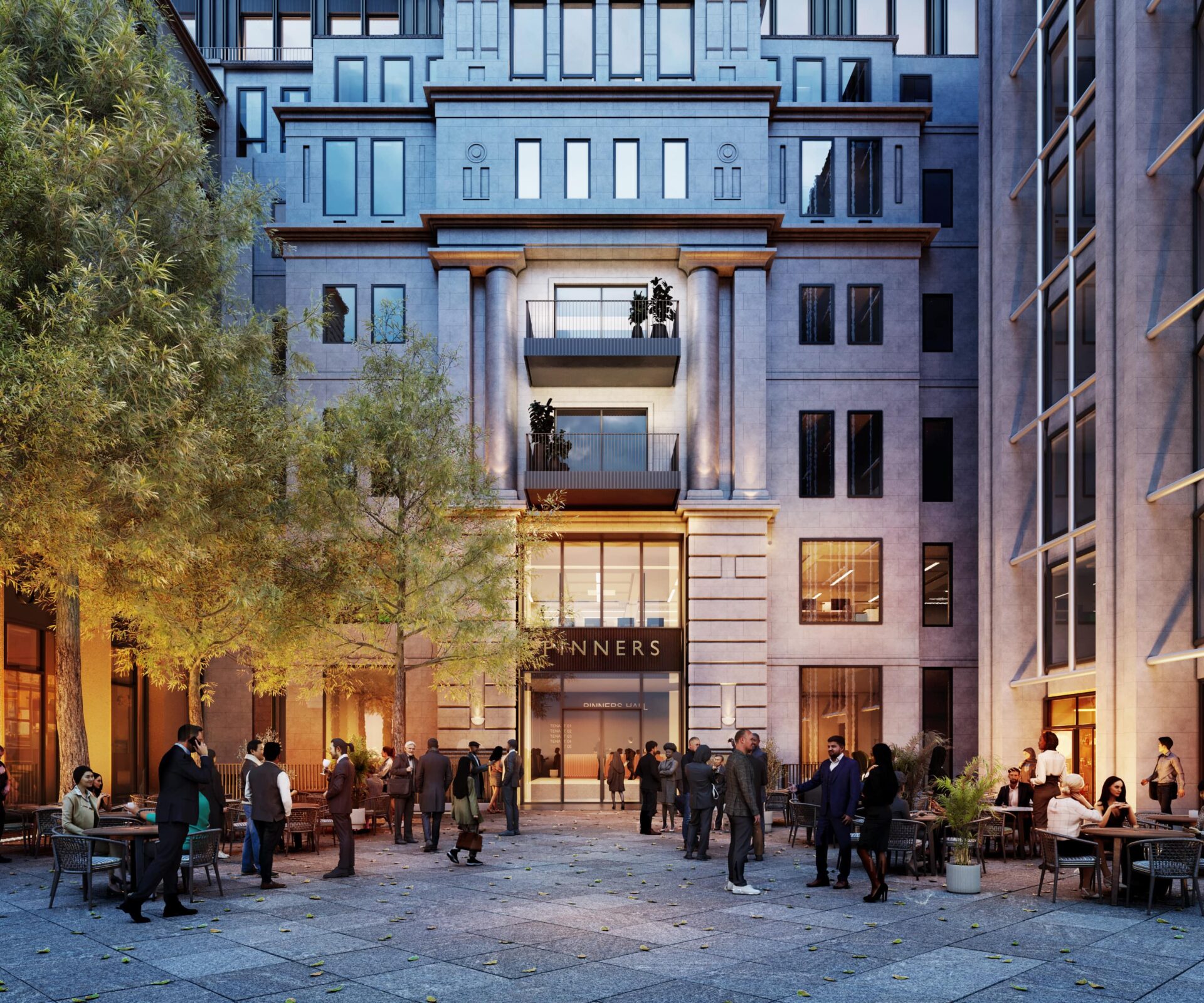 A computer-generated image of a modern office block