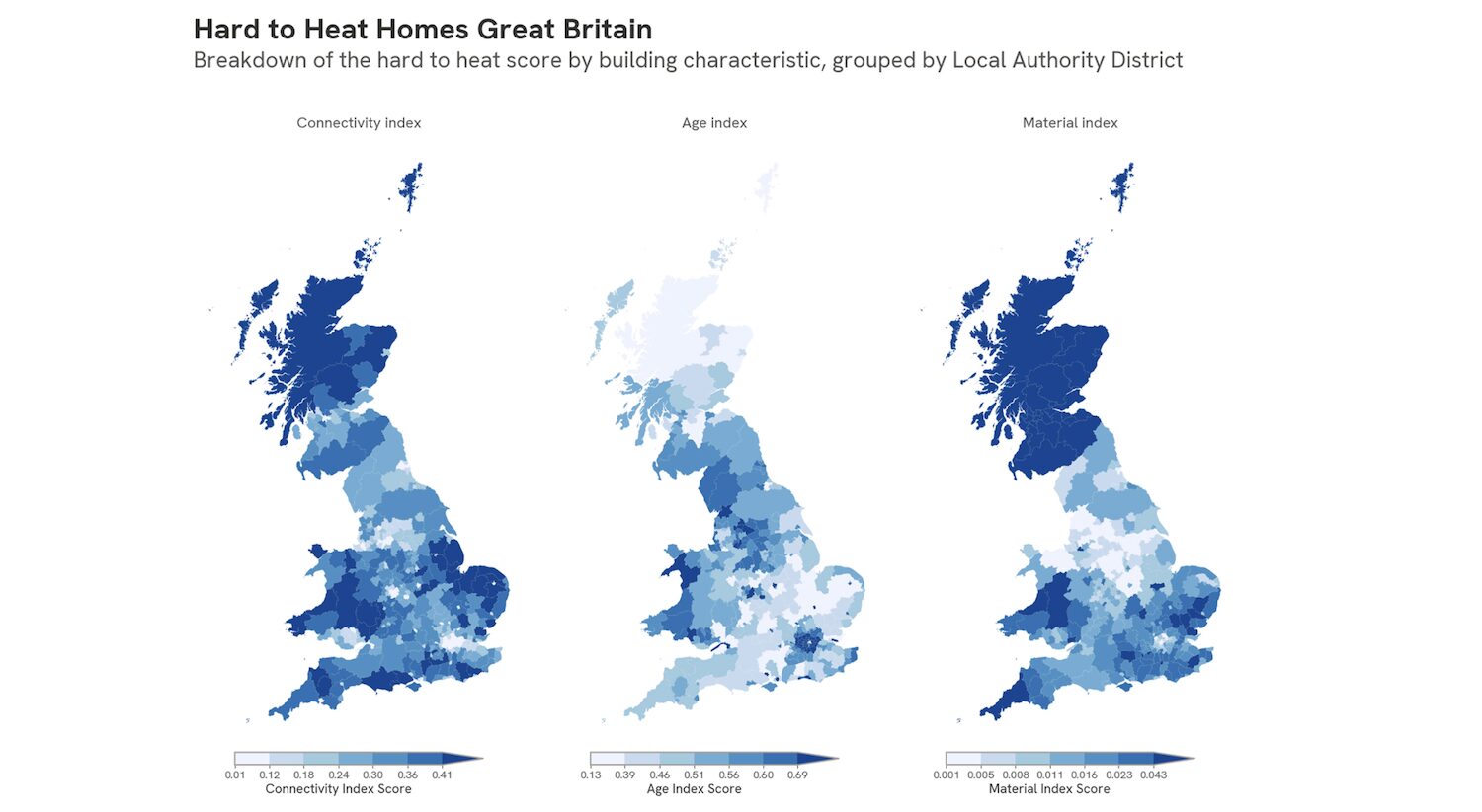 A breakdown of the hard to heat score by building characteristic, grouped by local authority district. The higher the average connectivity score, the greater the proportion of detached homes in the local authority; the higher the average age index score, the greater the proportion of older houses in the local authority; and the higher the material index, the greater the proportion of wooden/partly wooden homes and caravans in the local authority. Image and data: Ordnance Survey 2026.