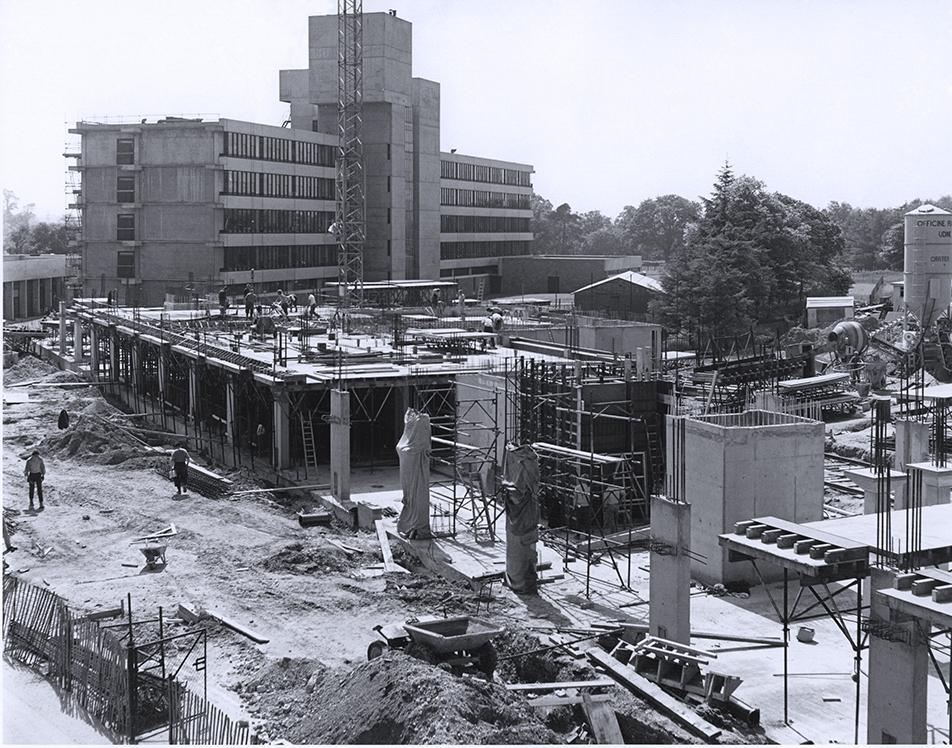 Lasdun Wall during construction in the 1960s. Image: UEA