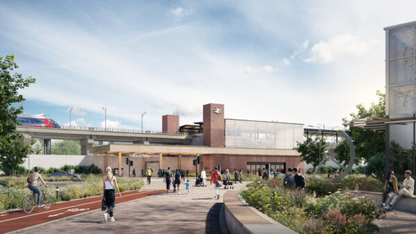 Artist’s render of the new eastern entrance at Bletchley Station (Milton Keynes). Image: Courtesy of East West Rail Co.