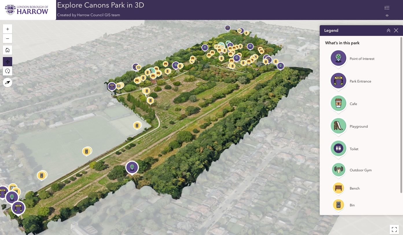 A 3D GIS scan of Cannons Park in the London Borough of Harrow. Image: London Borough of Harrow/Esri UK