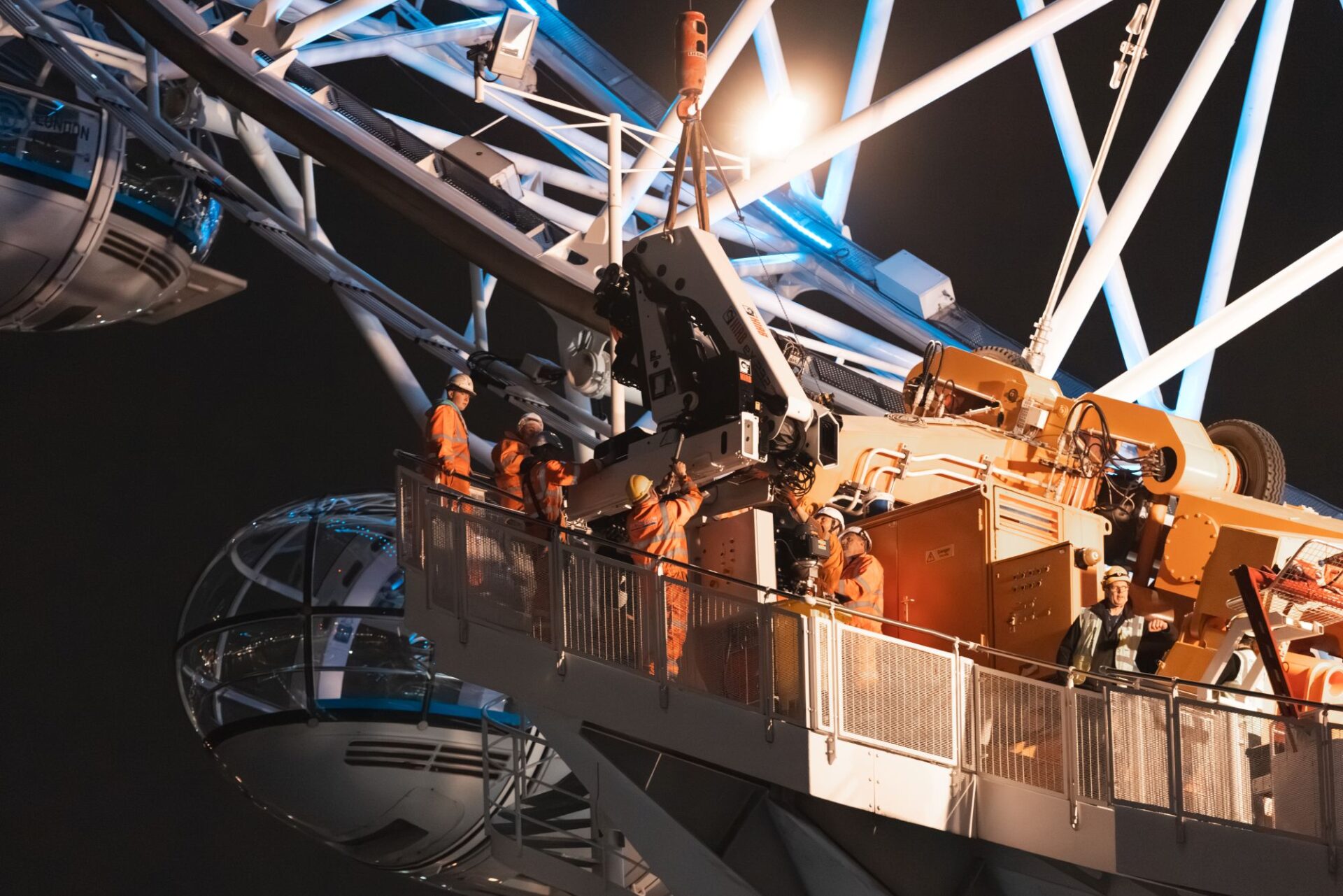 Engineers installing the new crane at the London Eye. Image: Hiab