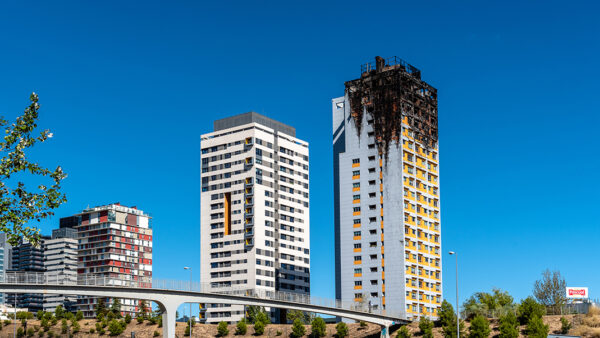 Aftermath of a fire at a Madrid apartment block. Professor Kim Lovegrove says even advanced economies have building control shortcomings. Image: Dreamstime