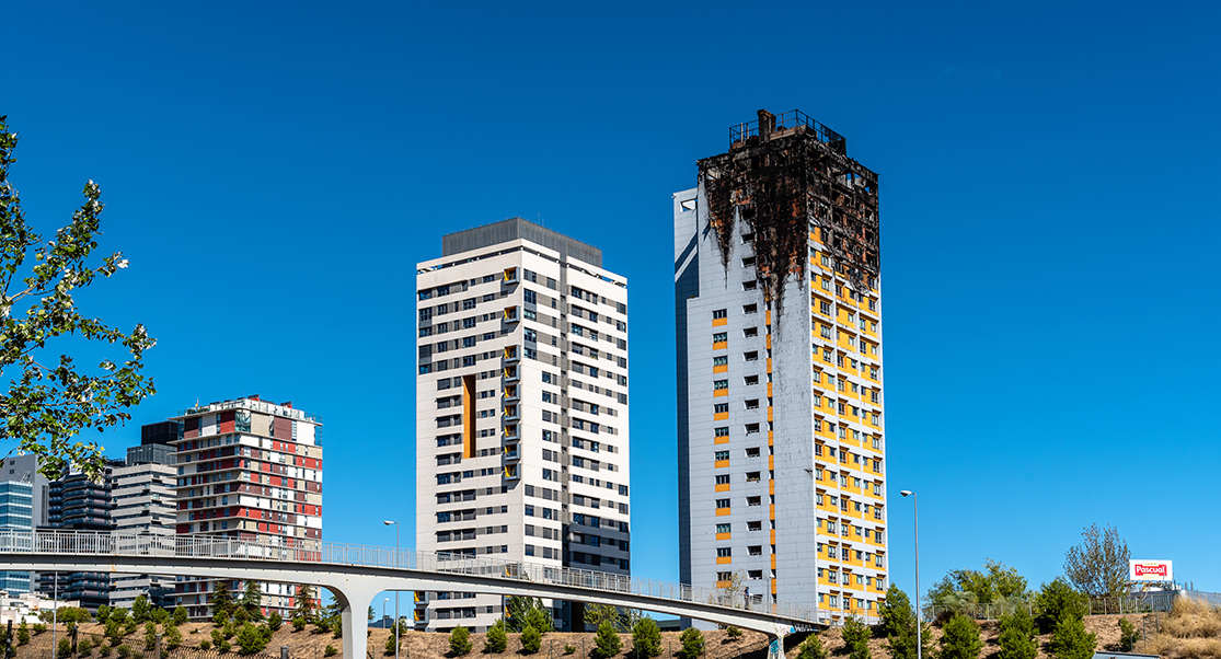 Aftermath of a fire at a Madrid apartment block. Professor Kim Lovegrove says even advanced economies have building control shortcomings. Image: Dreamstime
