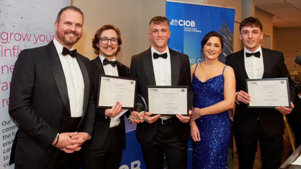 Emerging Talent Award winner and Highly Commended with Matt Clark (GVE) and Lindsey Platt, CIOB Maidstone Hub vice chair. Image: Gavin Sawyer