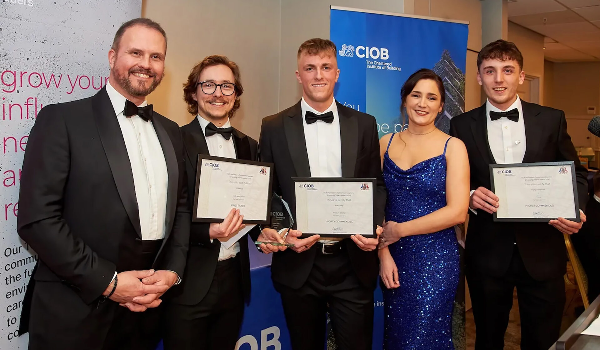 Emerging Talent Award winner and Highly Commended with Matt Clark (GVE) and Lindsey Platt, CIOB Maidstone Hub vice chair. Image: Gavin Sawyer