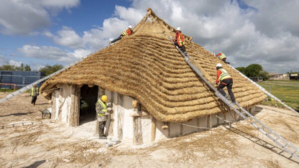 The replica was built over nine months by a team of 100 English Heritage volunteers using neolithic stone tools like flint axes and locally sourced materials including thatch, coppiced timber and chalk daub. Image: English Heritage.
