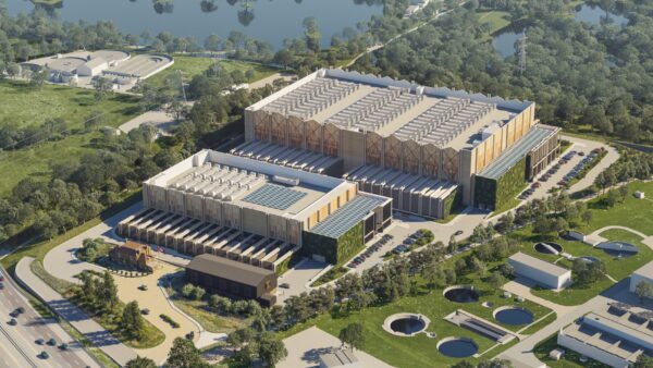 Designed by Gensler, the campus will have two buildings and what Corscale called an “architecturally unique” 140MVA substation. Image: Corscale.