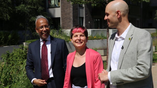 Three mayors launching the legal challenge: From left, Lutfur Rahman, executive mayor of Tower Hamlets; Zoë Garbett, executive mayor of Hackney; and Liam Shrivastava, executive mayor of Lewisham. Image: Tower Hamlets Council.