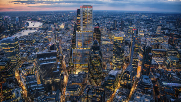 Seen here behind 30 St Mary Axe (The Gherkin), One London will have a series of external terraces and a public viewing gallery at Level 73. Image: Renders courtesy of One London.