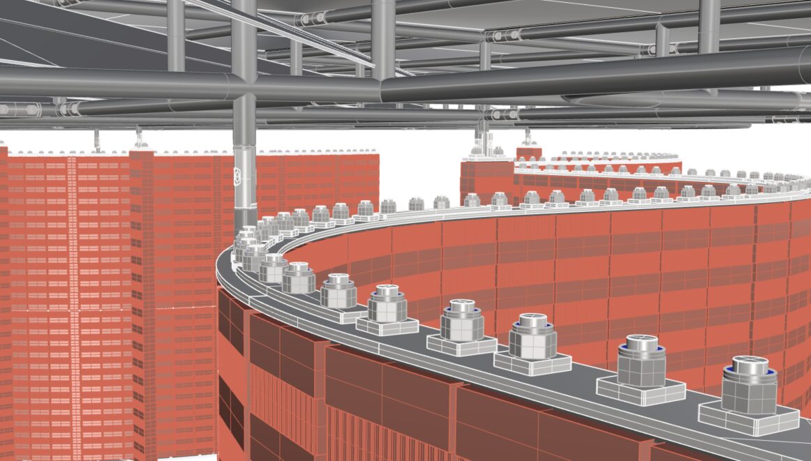 Extract from the fabrication model showing half-lap connections of the roof and wall supports and bolted top plate connections. Image: Aecom
