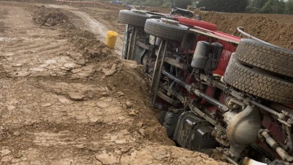 The tipper truck fell approximately two metres and landed on the driver’s side, injuring the driver. Image: HSE.