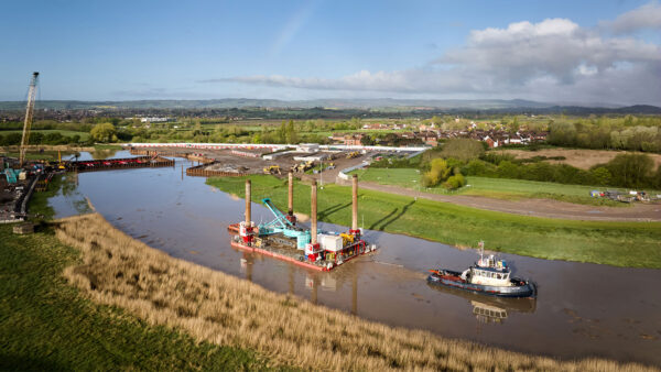 April saw the departure Haven SeaSeven jack up barge, deployed for temporary works for the bypass channel and in-channel cofferdam. Image: Kier Group.