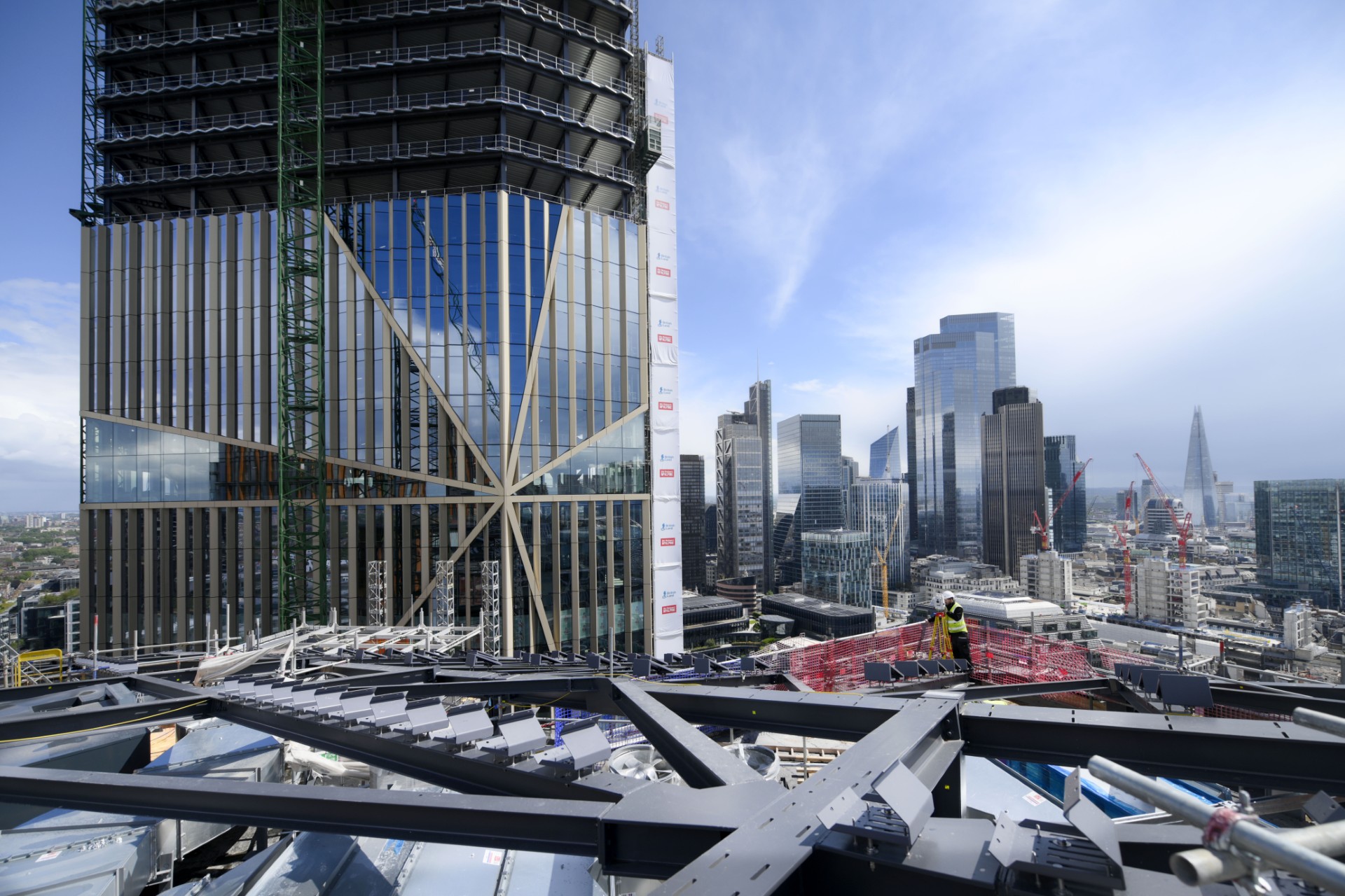 MEP installations on the roof of the west tower, looking towards the taller east tower
