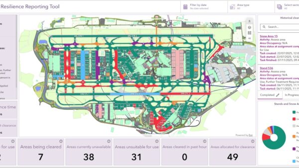 The winter resilience dashboard provides a single operational picture on handheld devices. Image: Heathrow/Esri UK