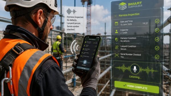 A scaffolder speaks into his phone, completing his records with a voice-recognitio app. Image: Smart Scaffolder