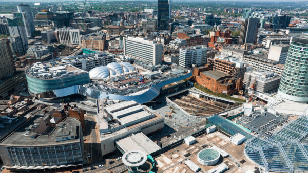 Central Birmingham from the air. Today, less than 10% of suitable commercial building roof space is used for solar generation. Image: Alexkane1977vi | Dreamstime.com
