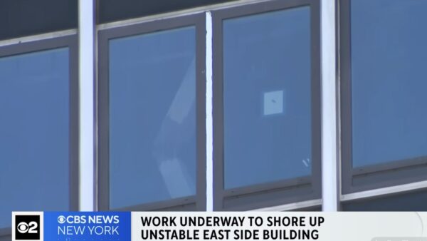 CBS News captured a close-up of one of the buckled beams in the former Pfizer HQ in Manhattan. Image: CBS News