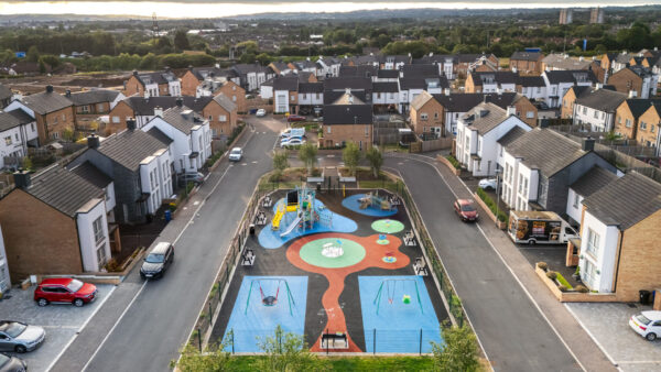 The 21.5-acre Blacks Gate development has 195 social homes and 48 affordable homes for sale, with landscaped public spaces and a play park. Image: Courtesy of Radius Housing